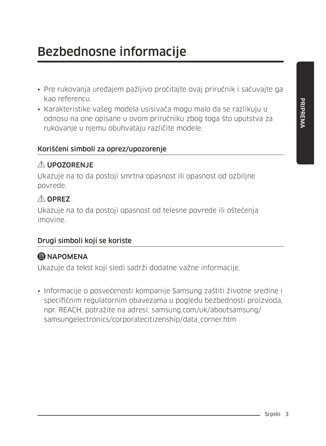 Samsung VC07M31C0HG/GE manual Bezbednosne informacije, Ukazuje da tekst koji sledi sadrži dodatne važne informacije 