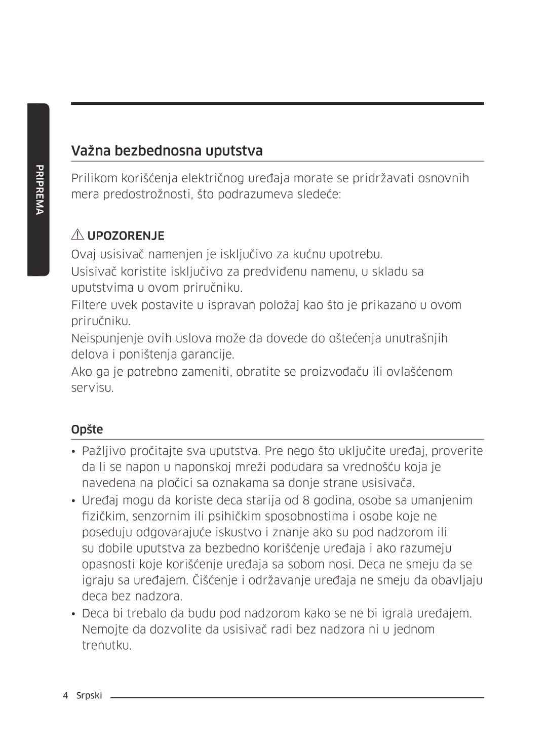 Samsung VC07M3130V1/EF, VC07M3110VB/EF, VC07M31B0HN/EF, VC07M31A0HP/EF, VC07M3150VU/ET manual Važna bezbednosna uputstva 