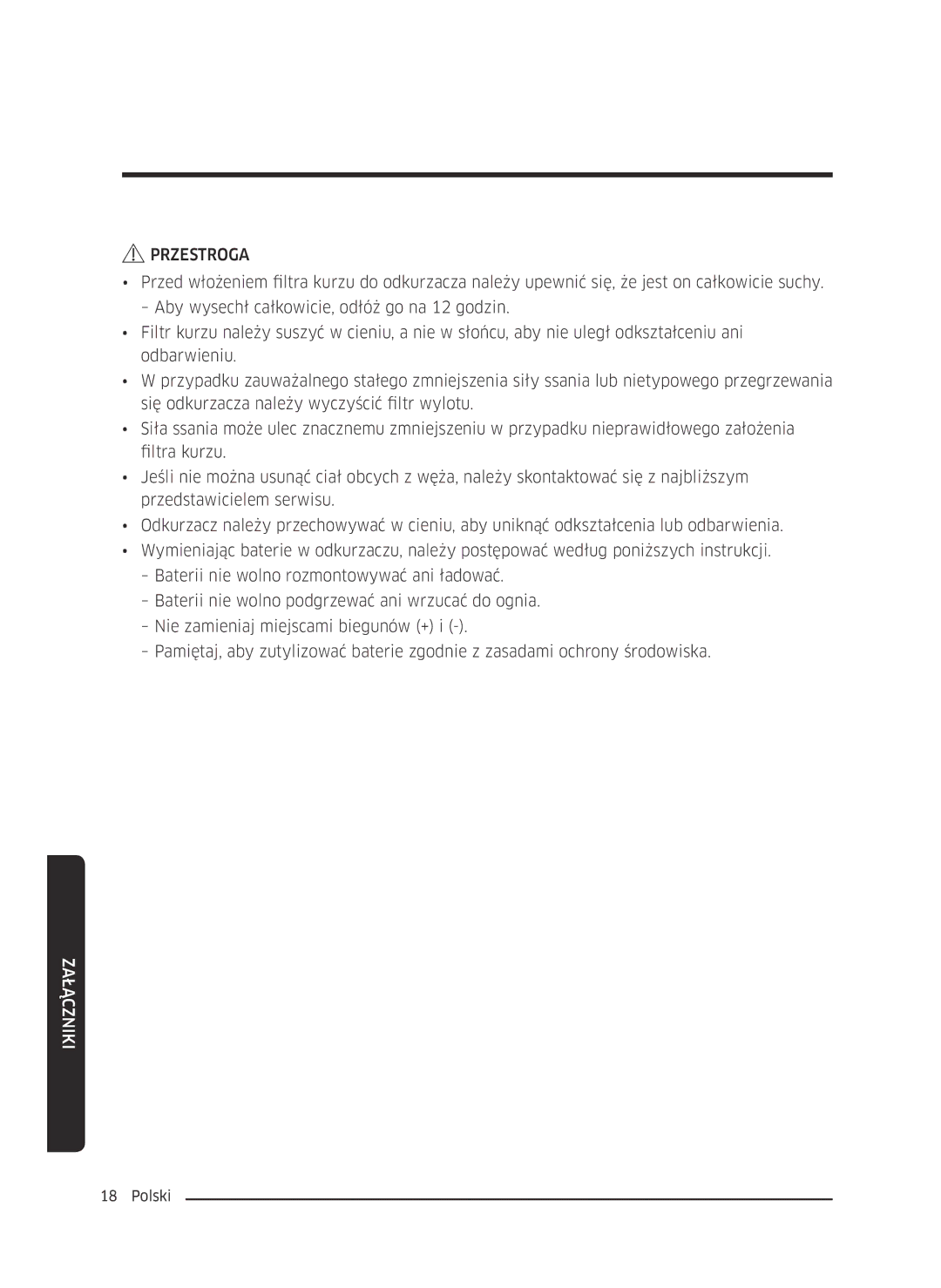 Samsung VC07M3130V1/EF, VC07M3110VB/EF, VC07M31B0HN/EF, VC07M31A0HP/EF, VC07M3150VU/ET, VC07M3110VB/GE manual Przestroga 