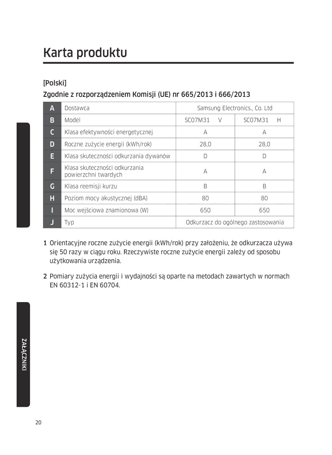 Samsung VC07M31B0HN/EF, VC07M3130V1/EF, VC07M3110VB/EF, VC07M31A0HP/EF, VC07M3150VU/ET, VC07M3110VB/GE manual Karta produktu 