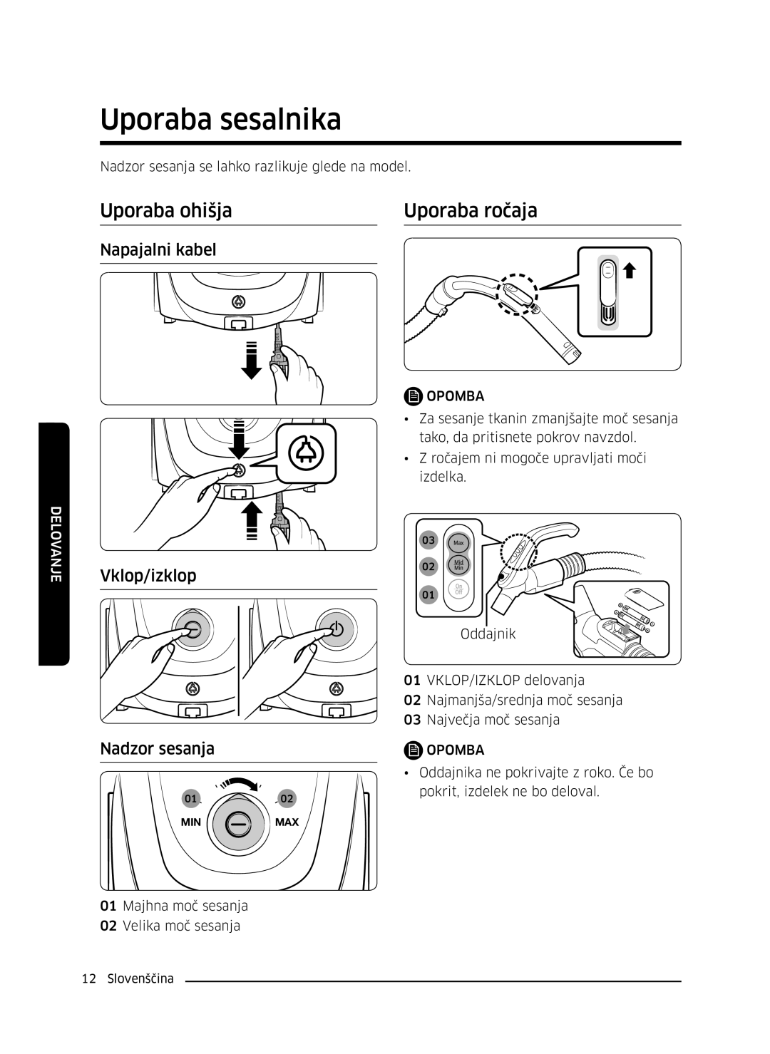 Samsung VC07M31A0HP/TR Uporaba sesalnika, Uporaba ohišja Uporaba ročaja, Napajalni kabel, Vklop/izklop Nadzor sesanja 