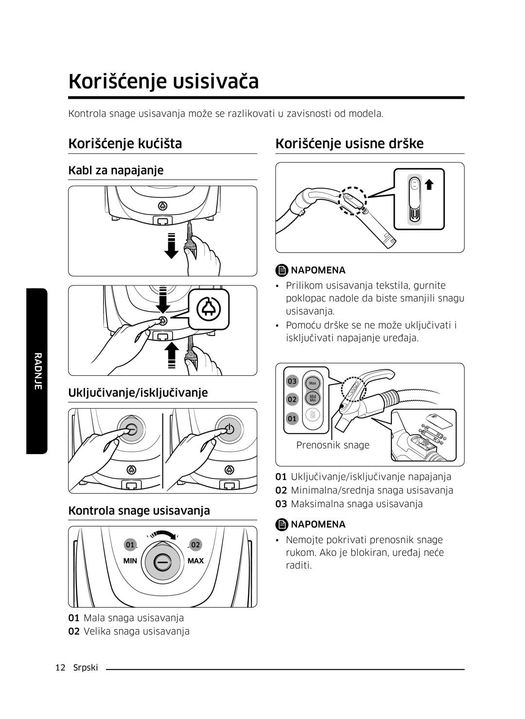 Samsung VC07M31E0HN/SB manual Korišćenje usisivača, Korišćenje kućišta Korišćenje usisne drške, Kabl za napajanje, Napomena 