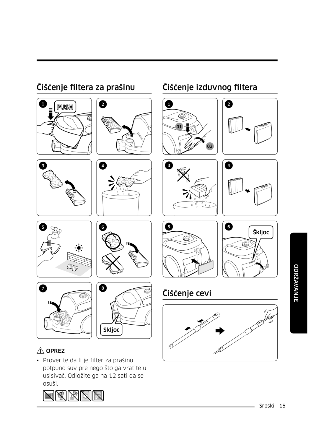 Samsung VC07M3110VB/TR, VC07M3130V1/EF manual Čišćenje filtera za prašinu, Čišćenje izduvnog filtera, Čišćenje cevi, Oprez 