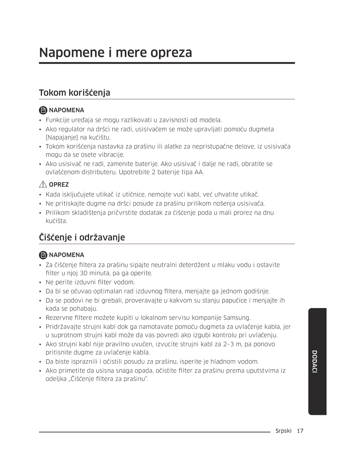 Samsung VC07M3130V1/GE, VC07M3130V1/EF, VC07M3110VB/EF manual Napomene i mere opreza, Tokom korišćenja, Čišćenje i održavanje 