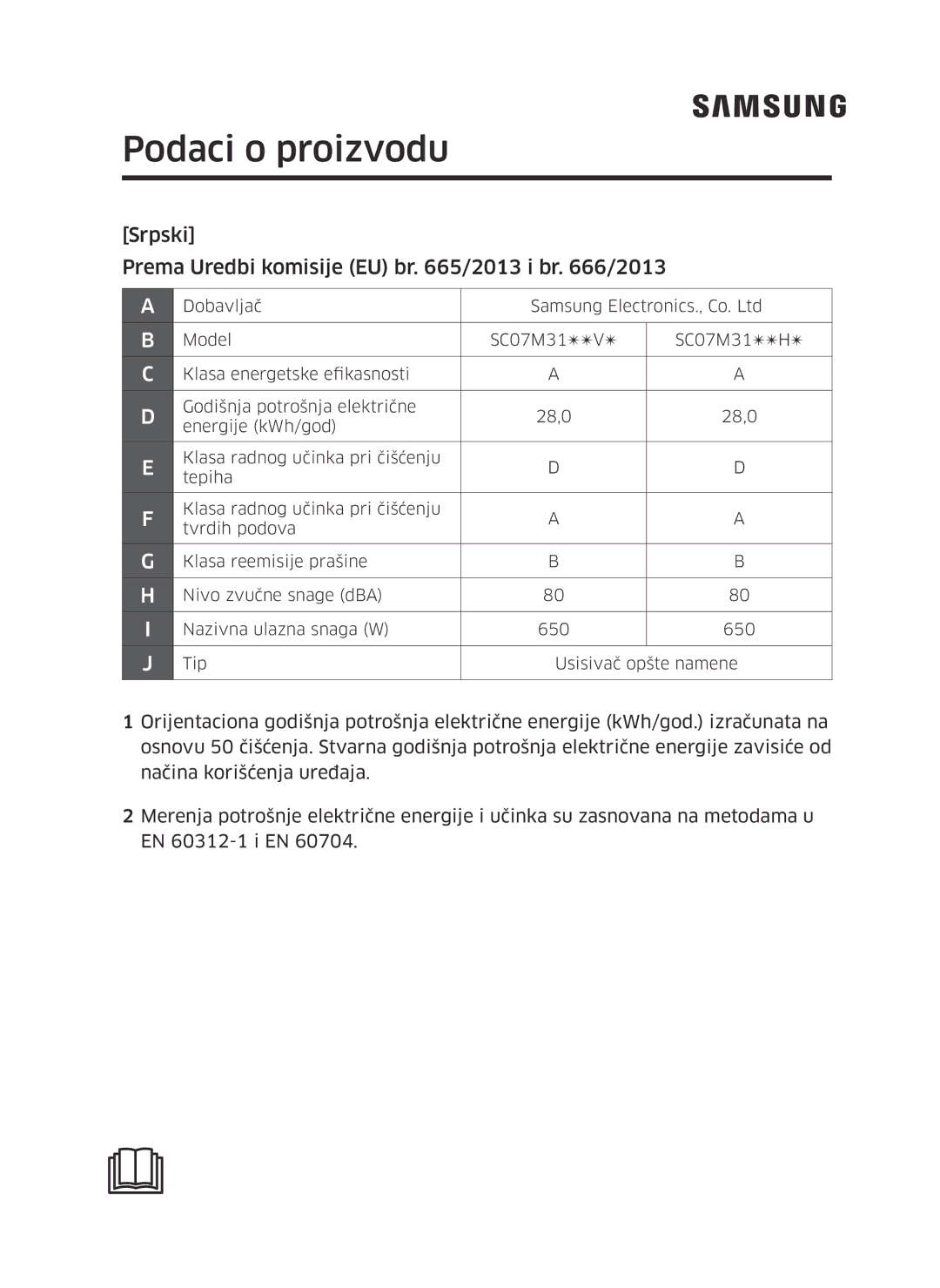 Samsung VC07M31A0HP/TR, VC07M3130V1/EF manual Podaci o proizvodu, Srpski Prema Uredbi komisije EU br /2013 i br /2013 