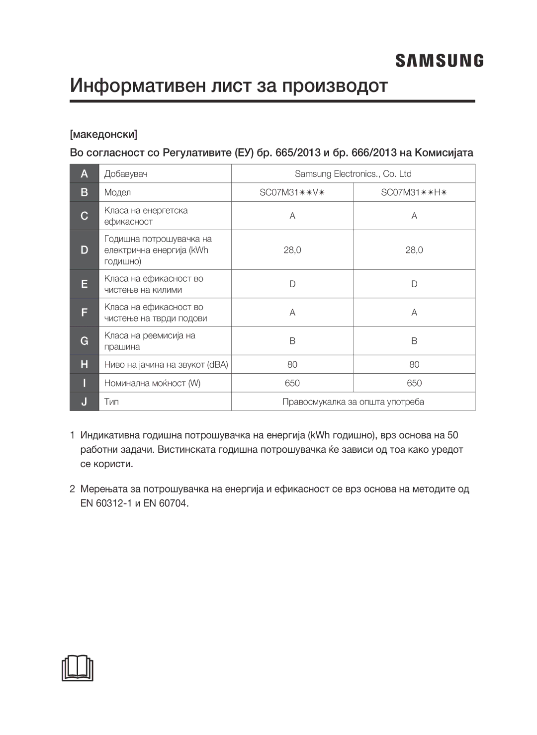 Samsung VC07M31E0HN/SB, VC07M3130V1/EF, VC07M3110VB/EF, VC07M31B0HN/EF, VC07M31A0HP/EF manual Информативен лист за производот 