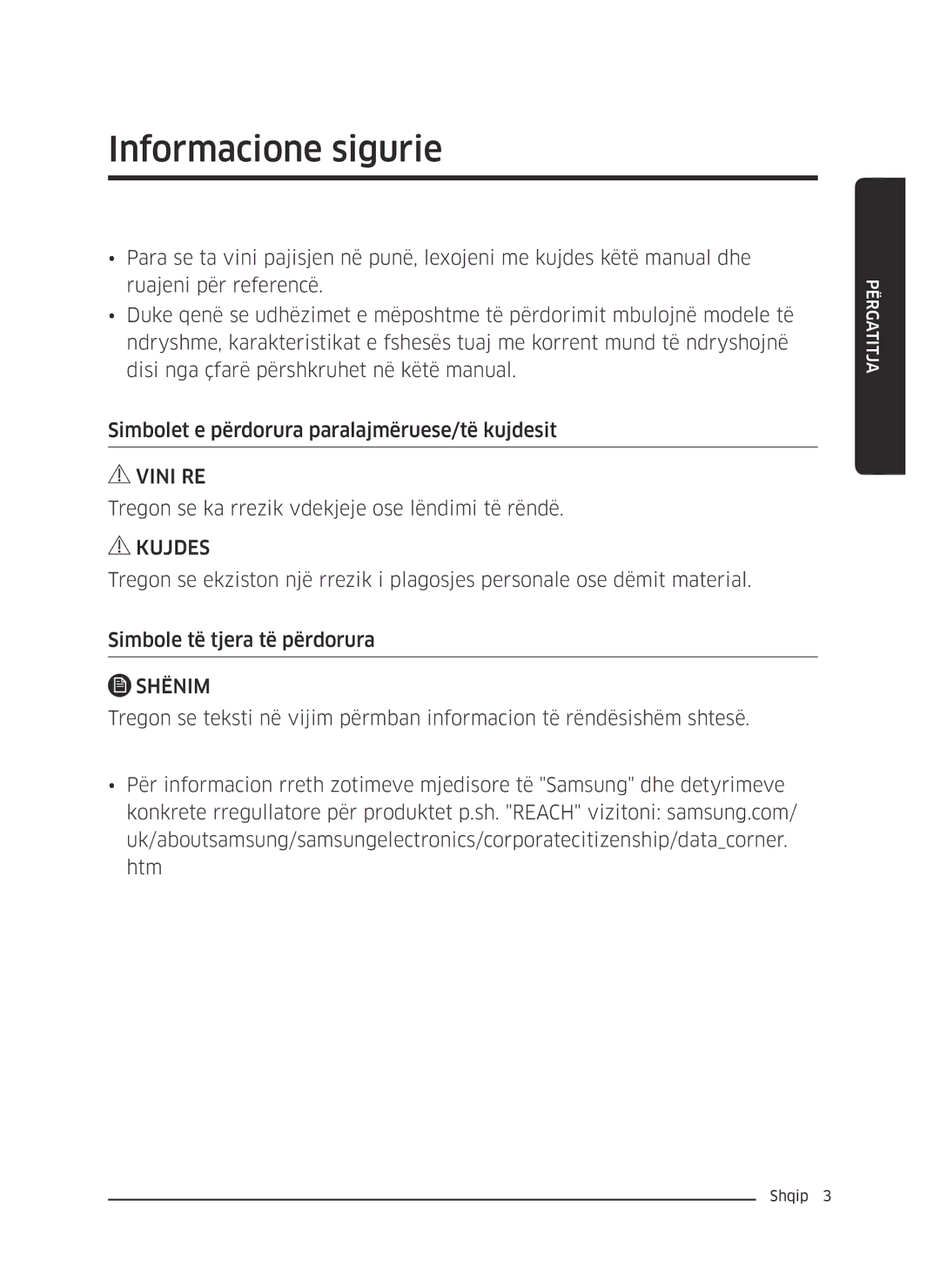 Samsung VC07M3110VB/TR, VC07M3130V1/EF manual Informacione sigurie, Tregon se ka rrezik vdekjeje ose lëndimi të rëndë 