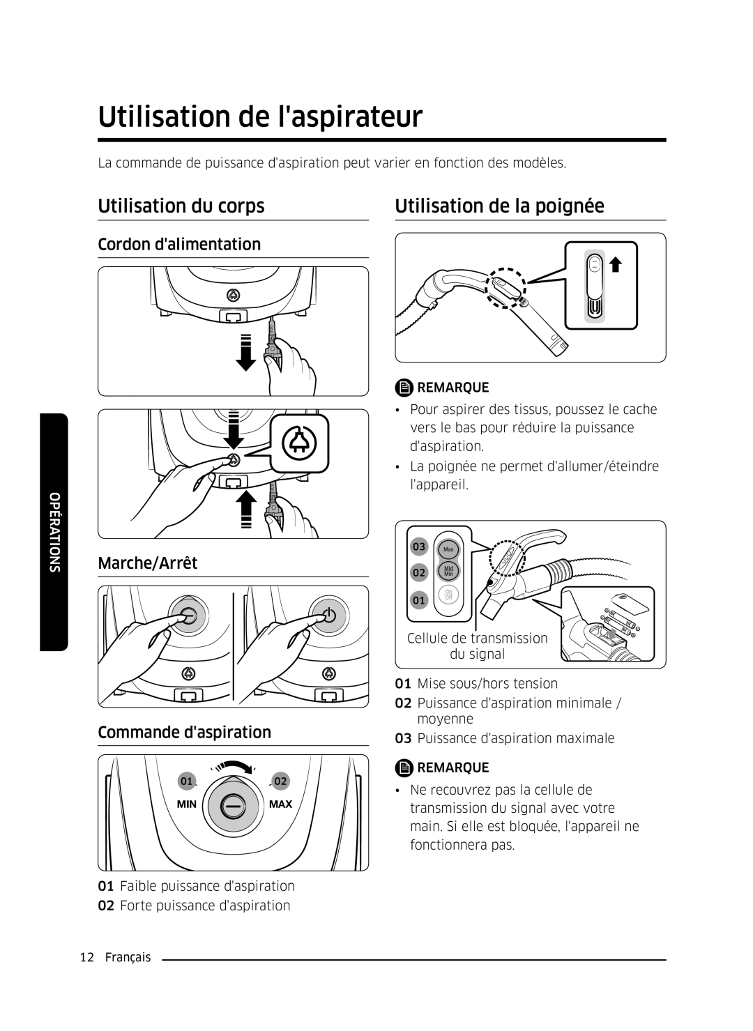 Samsung VC07M3130V1/EF, VC07M3110VB/EF manual Utilisation de laspirateur, Utilisation du corps Utilisation de la poignée 