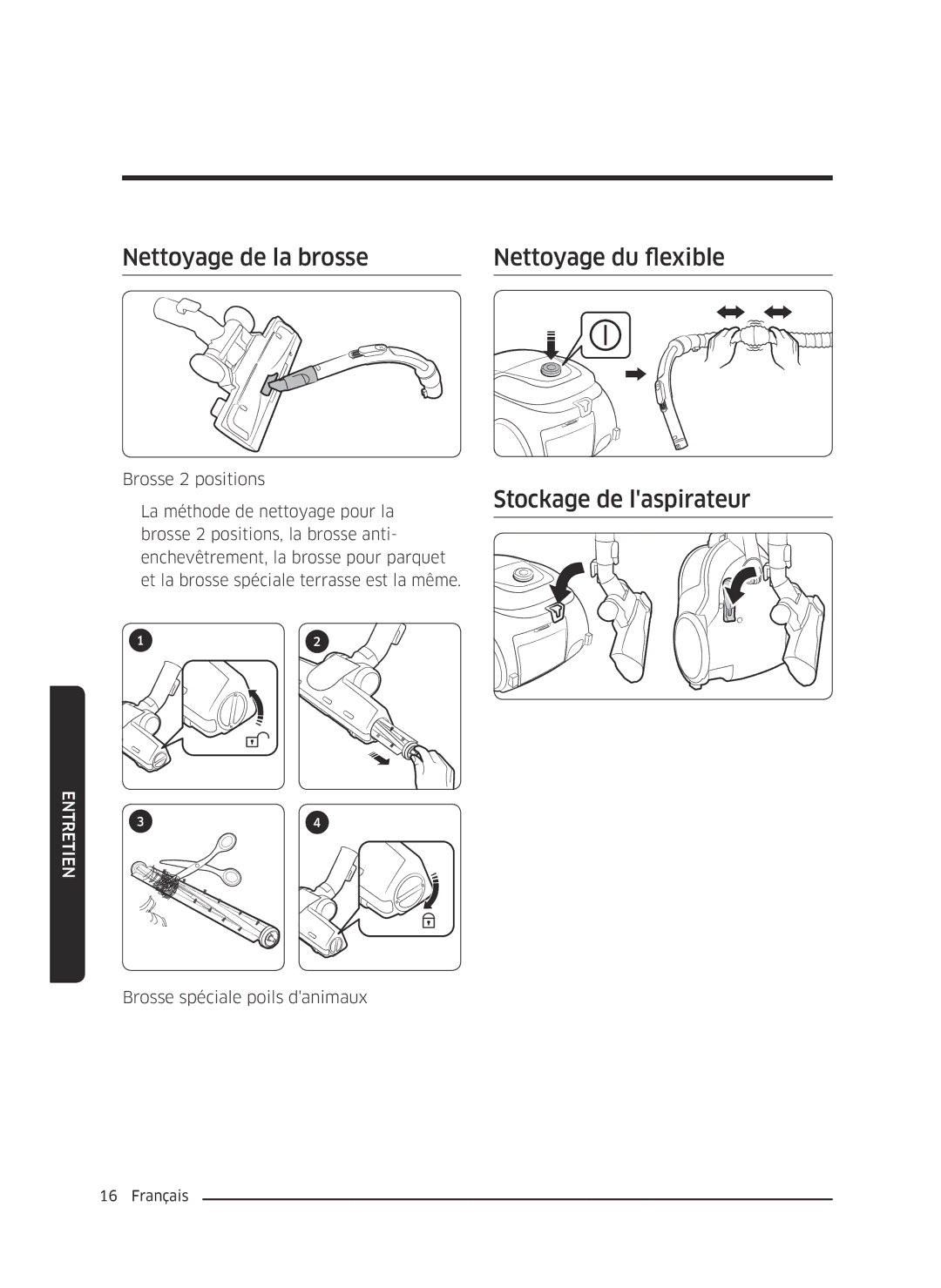 Samsung VC07M3130V1/EF, VC07M3110VB/EF manual Nettoyage de la brosse Nettoyage du flexible, Stockage de laspirateur 