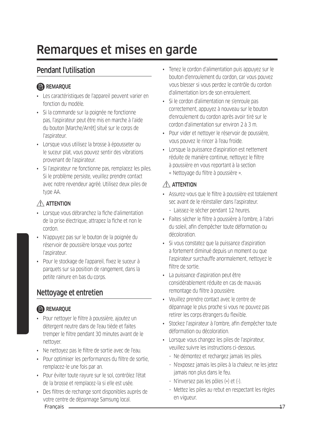 Samsung VC07M3110VB/EF, VC07M3130V1/EF manual Remarques et mises en garde, Pendant lutilisation, Nettoyage et entretien 