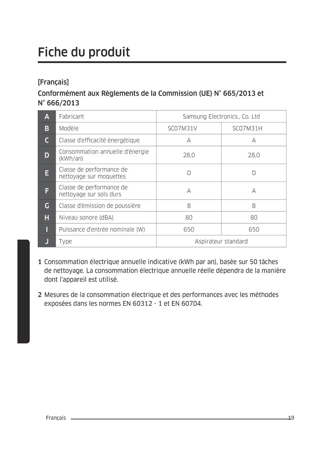 Samsung VC07M31A0HP/EF, VC07M3130V1/EF, VC07M3110VB/EF, VC07M31B0HN/EF manual Fiche du produit 