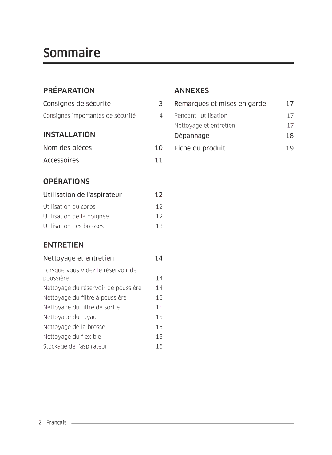 Samsung VC07M31B0HN/EF, VC07M3130V1/EF, VC07M3110VB/EF, VC07M31A0HP/EF manual Sommaire, Préparation Annexes 