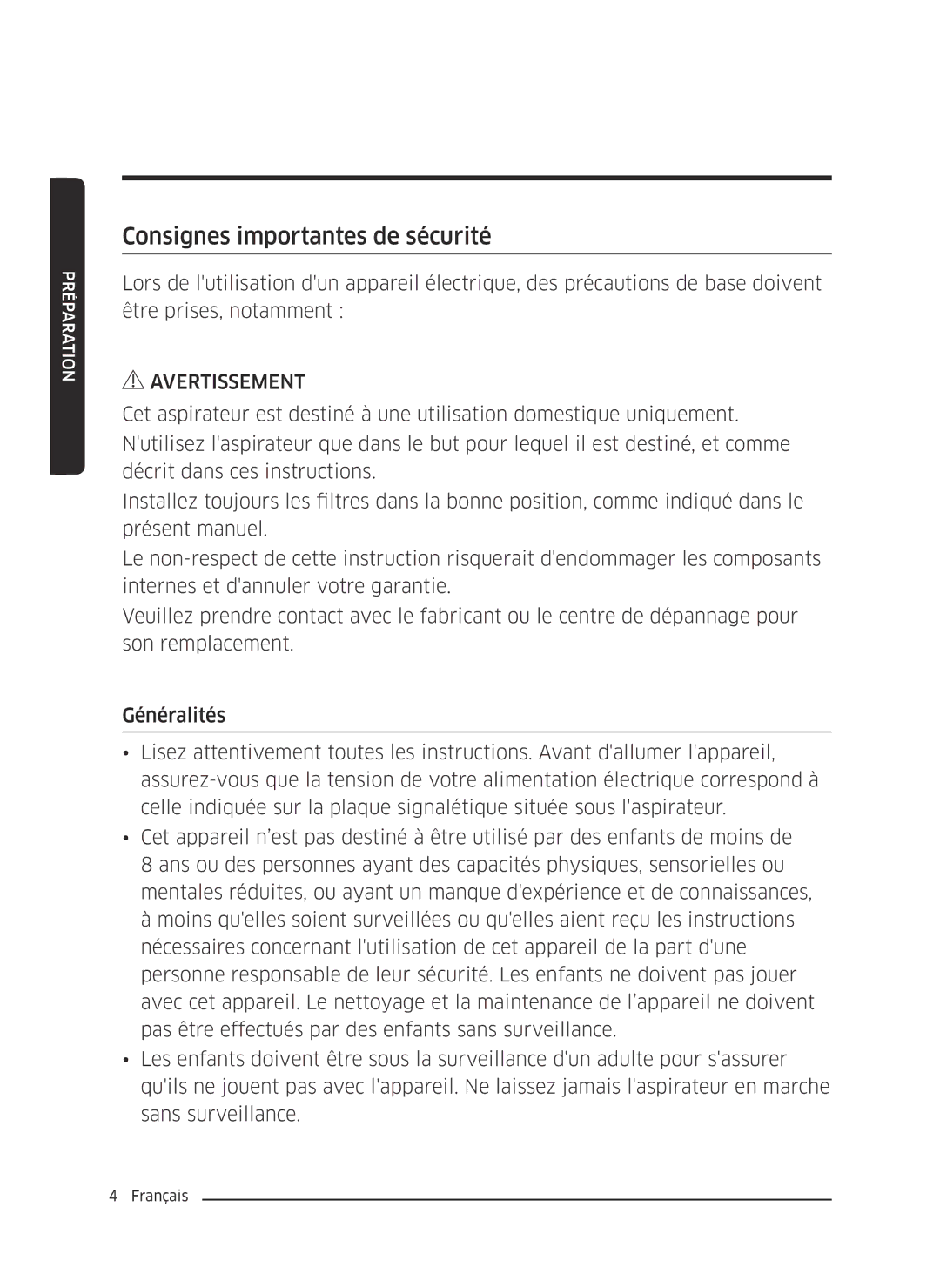 Samsung VC07M3130V1/EF, VC07M3110VB/EF, VC07M31B0HN/EF, VC07M31A0HP/EF manual Consignes importantes de sécurité 