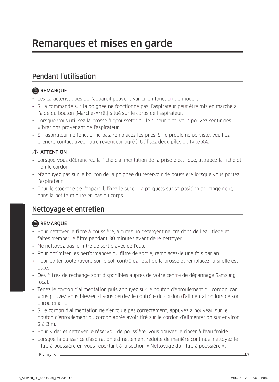 Samsung VC07M3130V1/EN, VC07M3130V1/EF manual Remarques et mises en garde, Pendant lutilisation, Nettoyage et entretien 