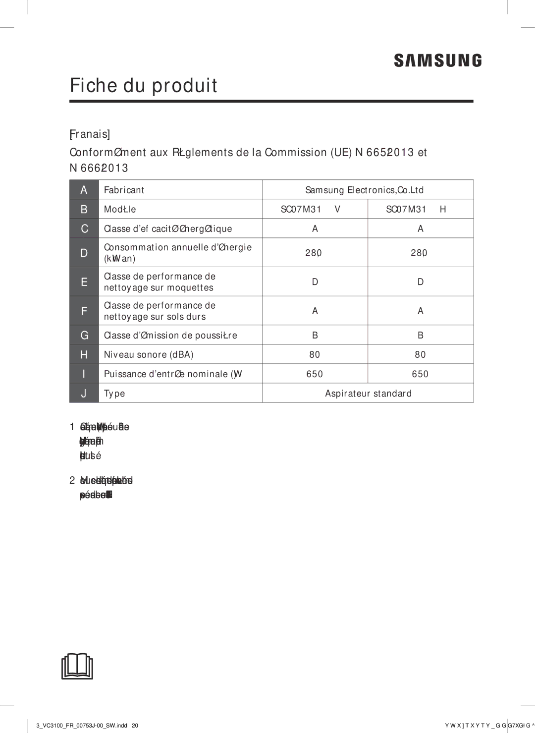 Samsung VC07M3130V1/EF, VC07M3130V1/SW, VC07M3130V1/EN, VC07M3130V1/GE, VC07M3130V1/SB manual Fiche du produit 