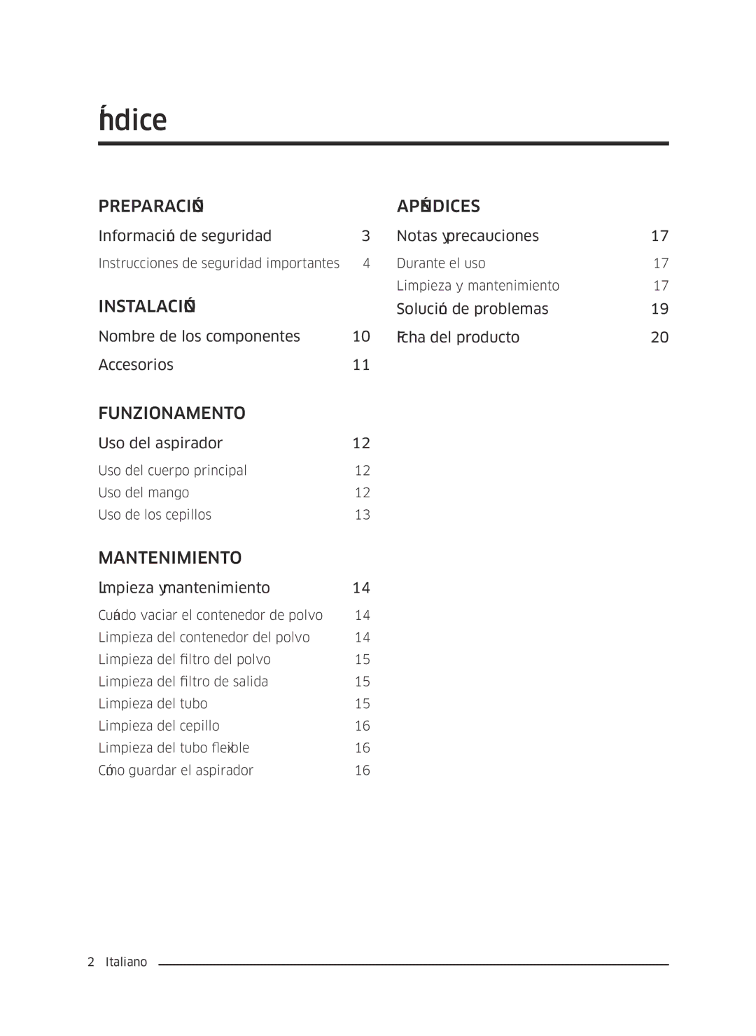 Samsung VC07M3150VU/ET manual Índice, Preparación Apéndices 