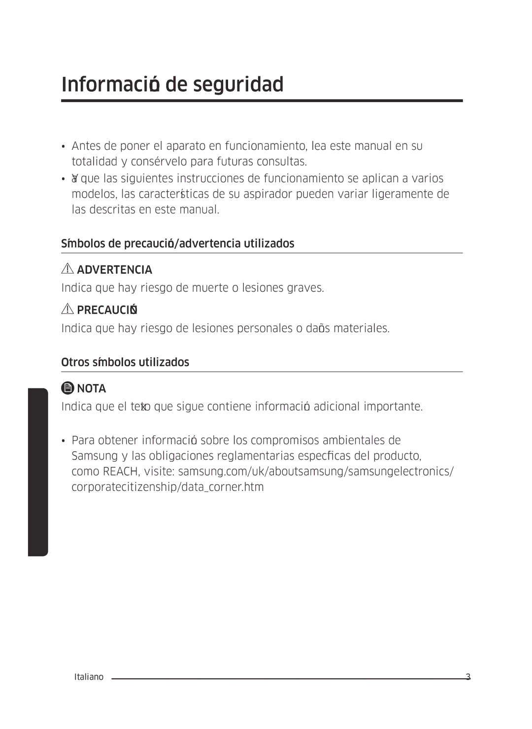 Samsung VC07M3150VU/ET manual Información de seguridad 