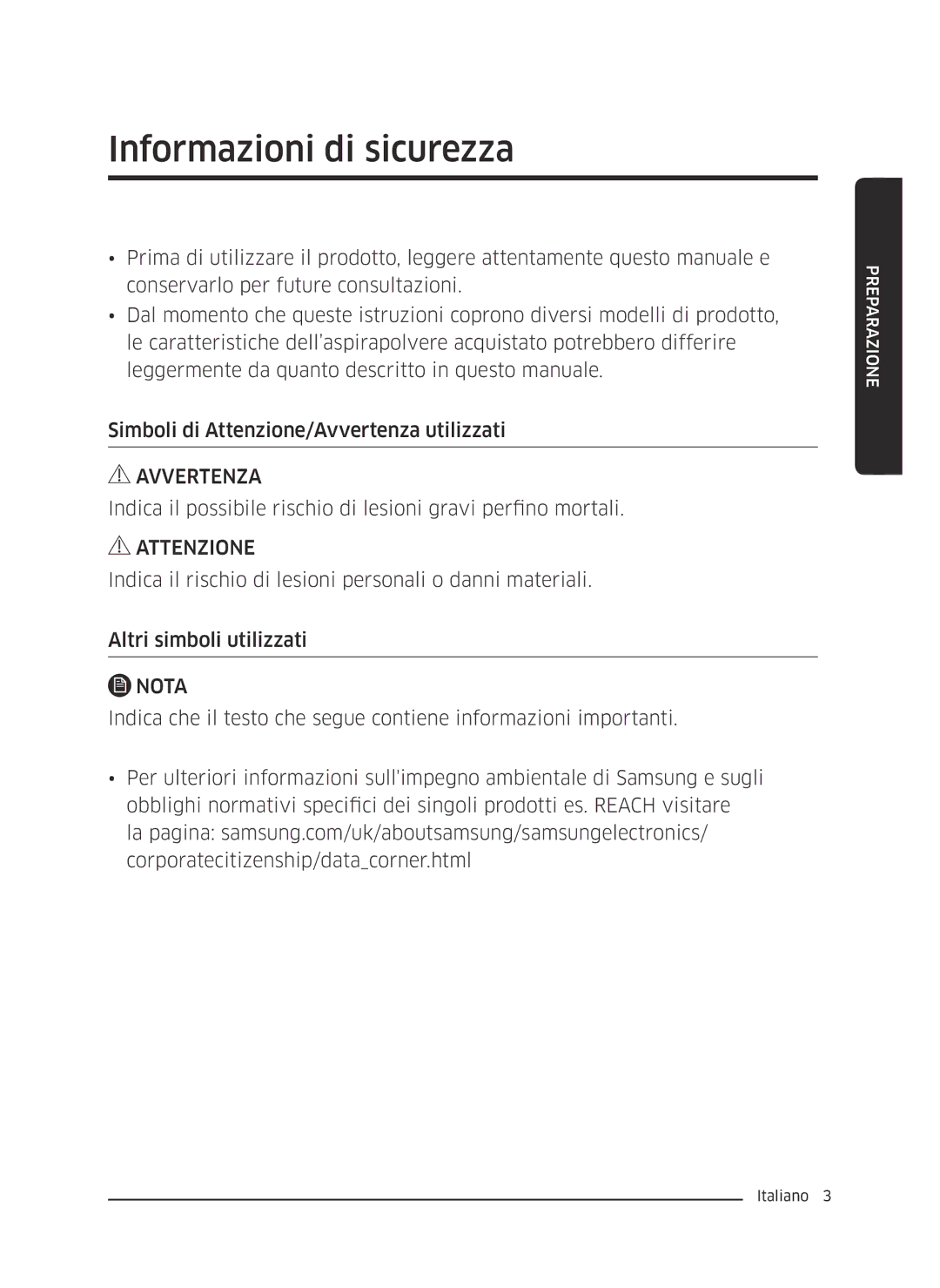 Samsung VC07M3150VU/ET manual Informazioni di sicurezza, Nota 