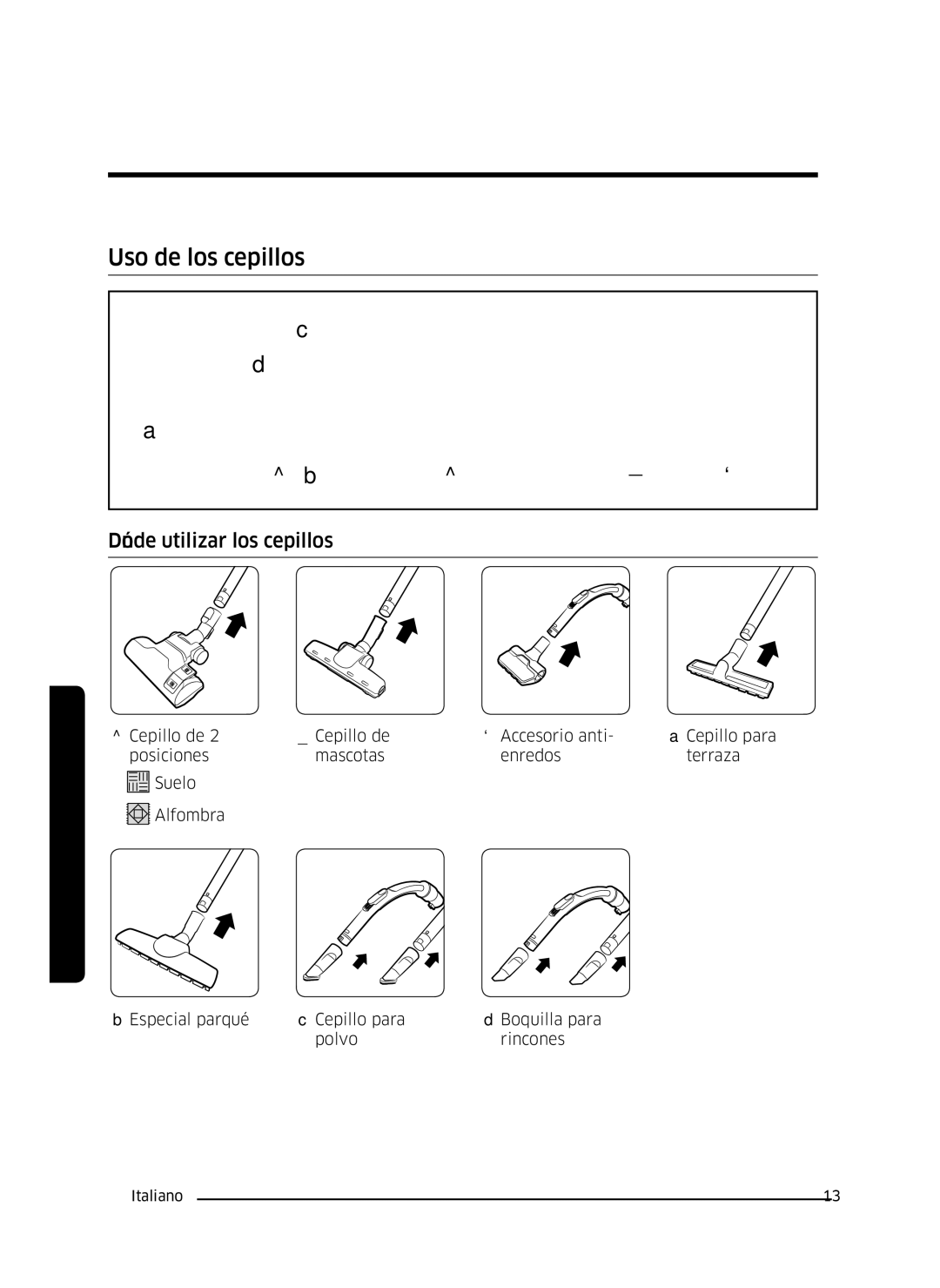 Samsung VC07M3150VU/ET manual Uso de los cepillos, Dónde utilizar los cepillos 