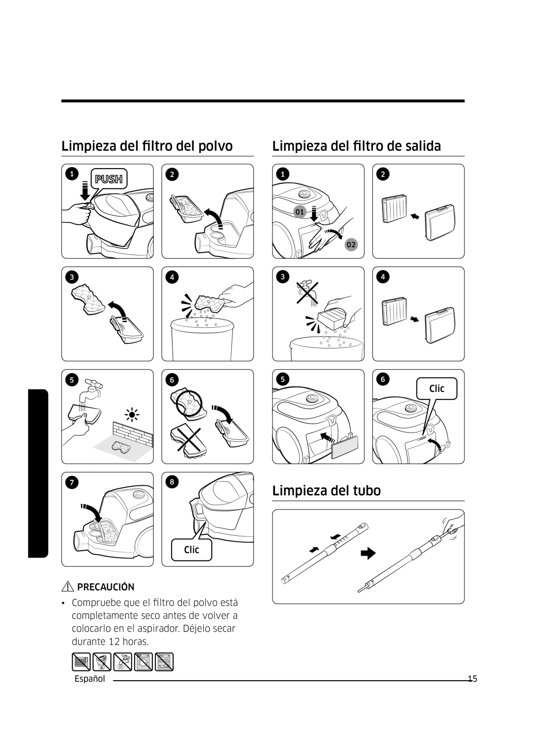 Samsung VC07M3150VU/ET manual Limpieza del filtro del polvo, Limpieza del filtro de salida, Limpieza del tubo 