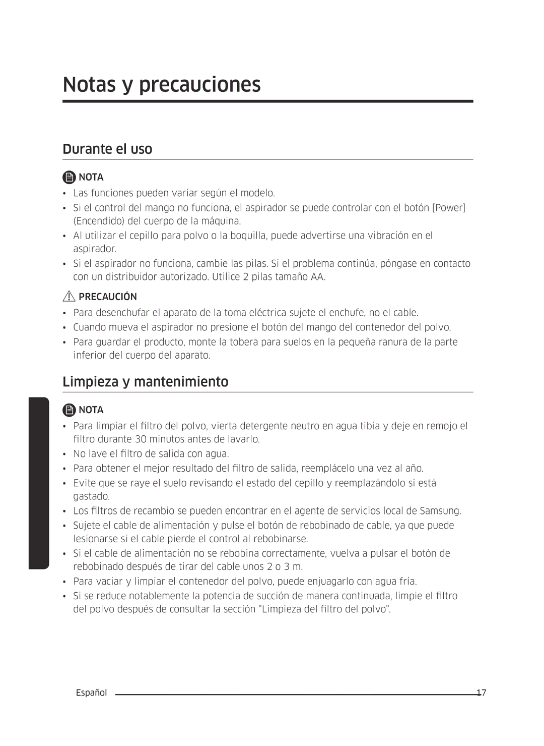 Samsung VC07M3150VU/ET manual Notas y precauciones, Durante el uso, Limpieza y mantenimiento 