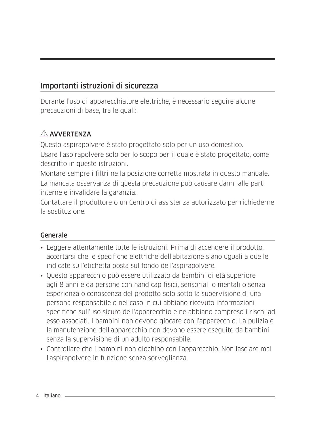 Samsung VC07M3150VU/ET manual Importanti istruzioni di sicurezza 