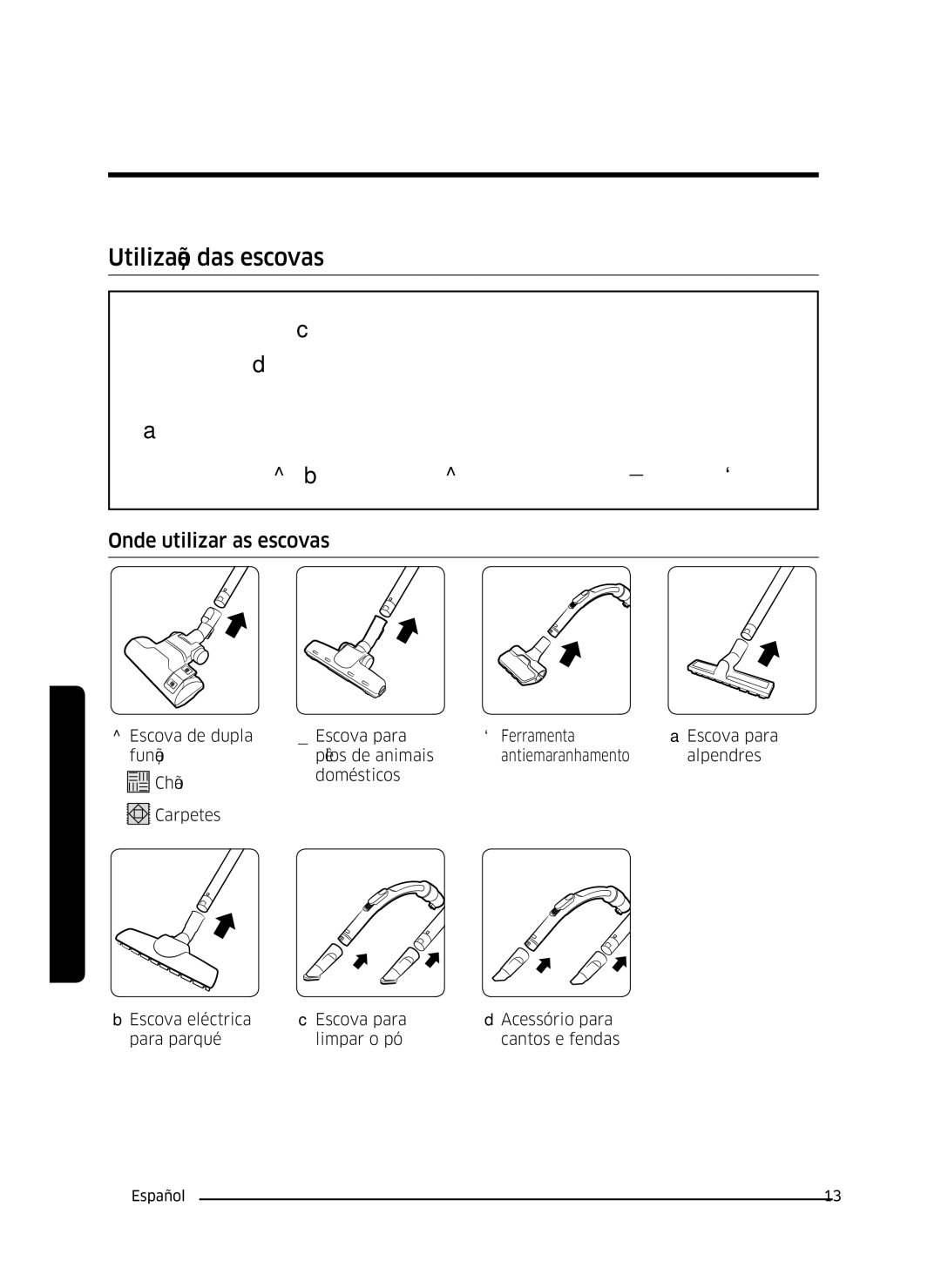 Samsung VC07M3150VU/ET manual Utilização das escovas, Onde utilizar as escovas 