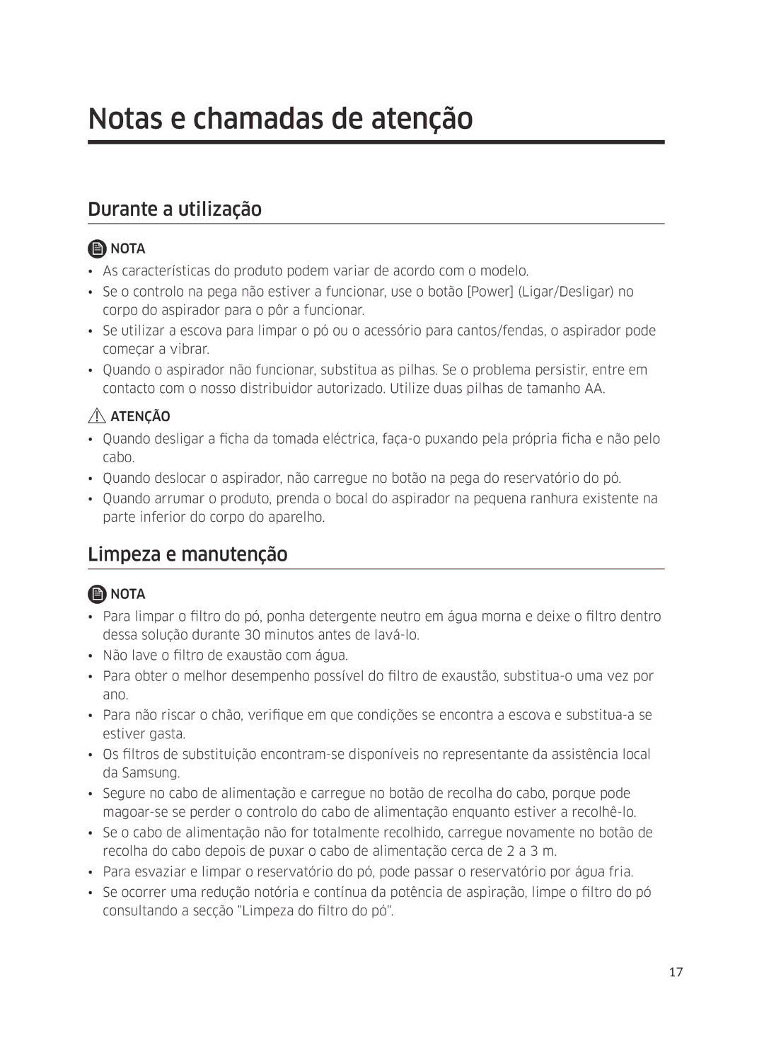 Samsung VC07M3150VU/ET manual Notas e chamadas de atenção, Durante a utilização, Limpeza e manutenção 