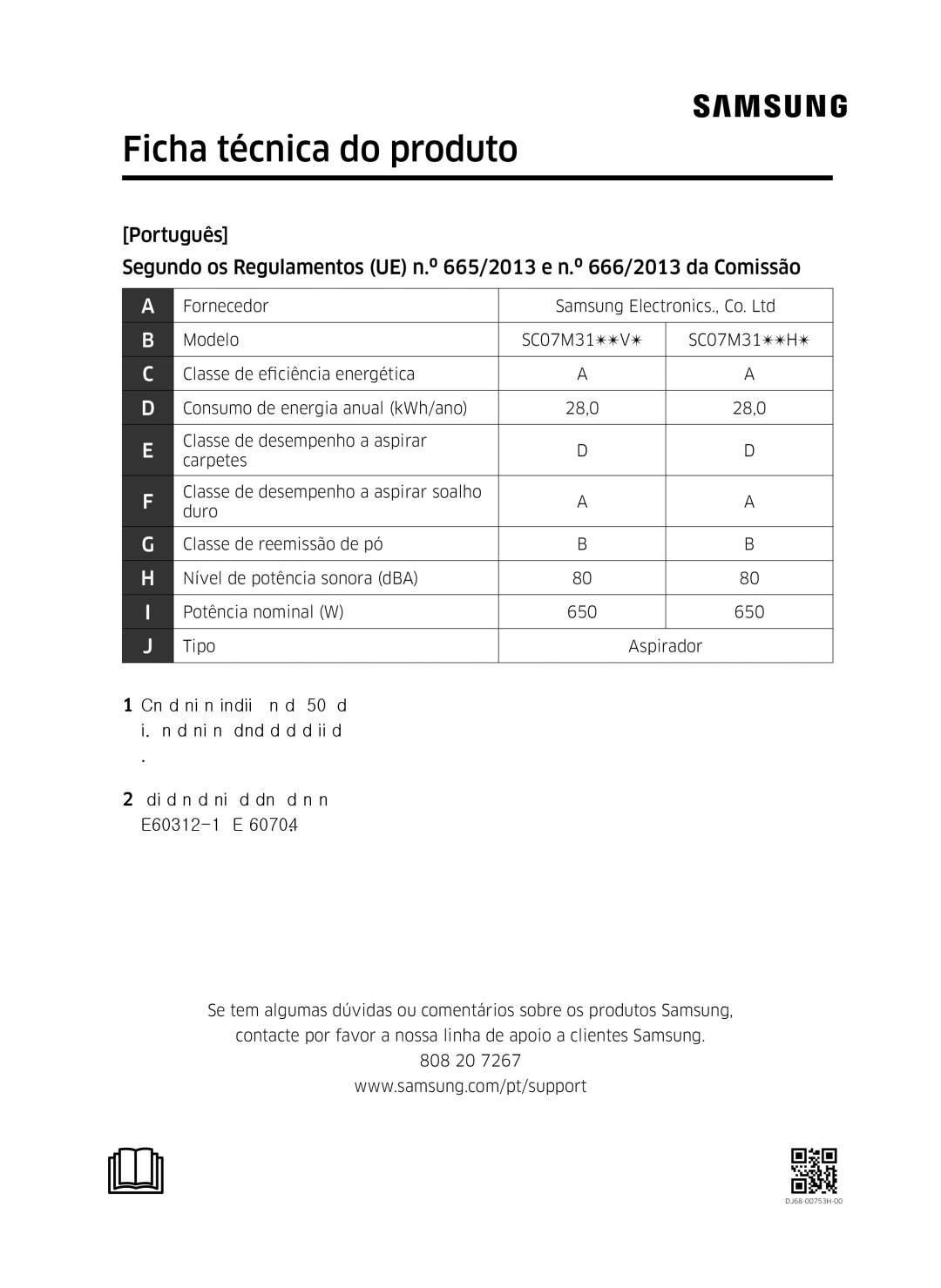 Samsung VC07M3150VU/ET manual Ficha técnica do produto 