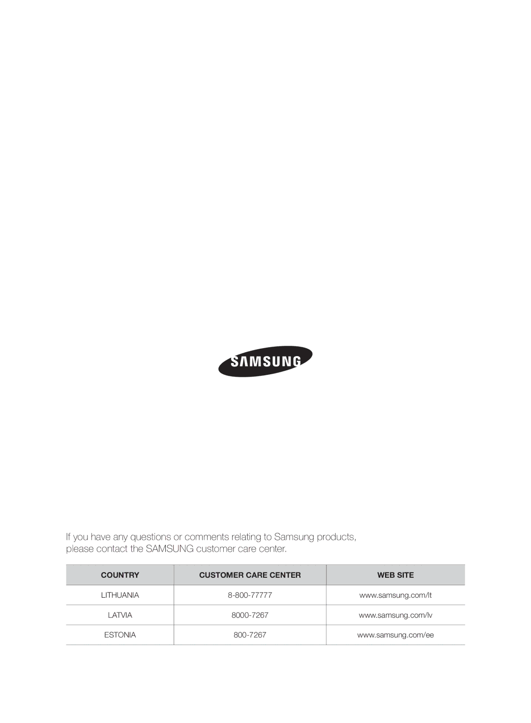 Samsung VC08QHNJGPT/SB, VC07RVNJGRL/SB, VC07SVNJGBK/SB, VC15QHNJGPT/SB, VC247HNJGPT/SB Country Customer Care Center WEB Site 