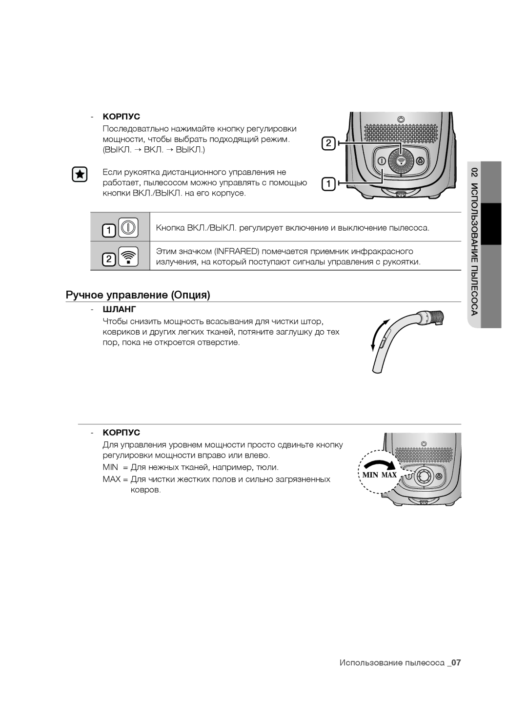 Samsung VC247HNJGPT/SB, VC07RVNJGRL/SB, VC07SVNJGBK/SB, VC15QHNJGPT/SB, VC08RHNDCNC/SB manual Ручное управление Опция, Корпус 