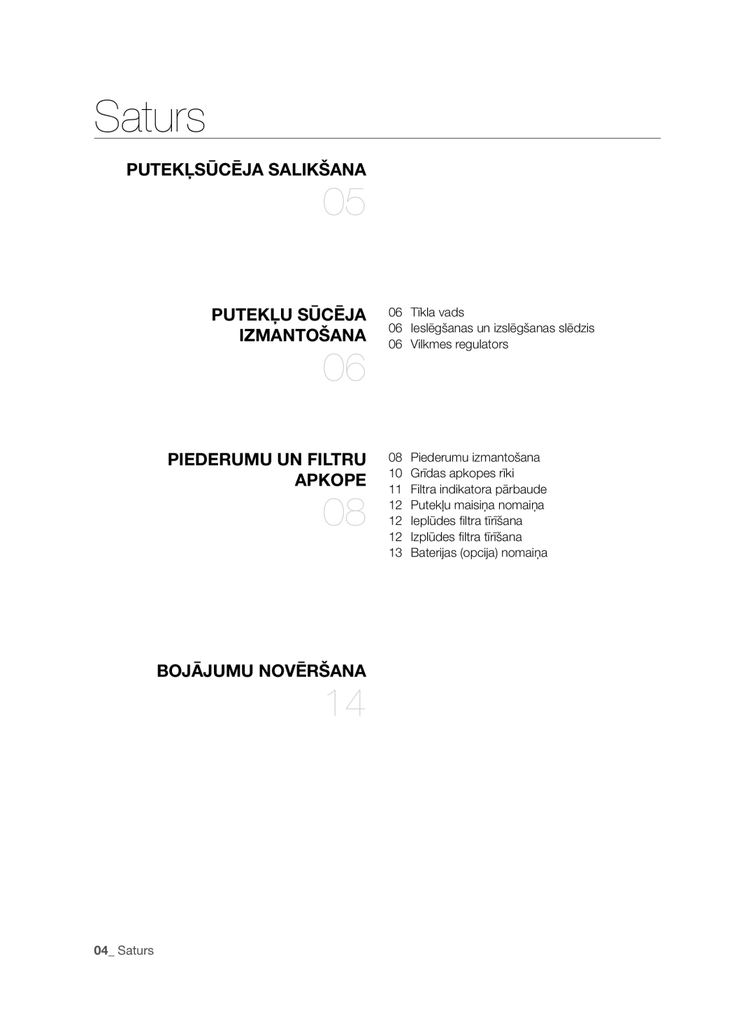 Samsung VC20DVNDCRD/EV, VC07RVNJGRL/SB, VC07SVNJGBK/SB, VC15QHNJGPT/SB, VC247HNJGPT/SB manual Saturs, Bojājumu Novēršana 