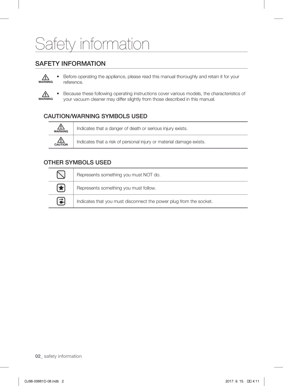 Samsung VC07SVNJGBK/SB manual Safety information, Safety Information, Other Symbols Used 