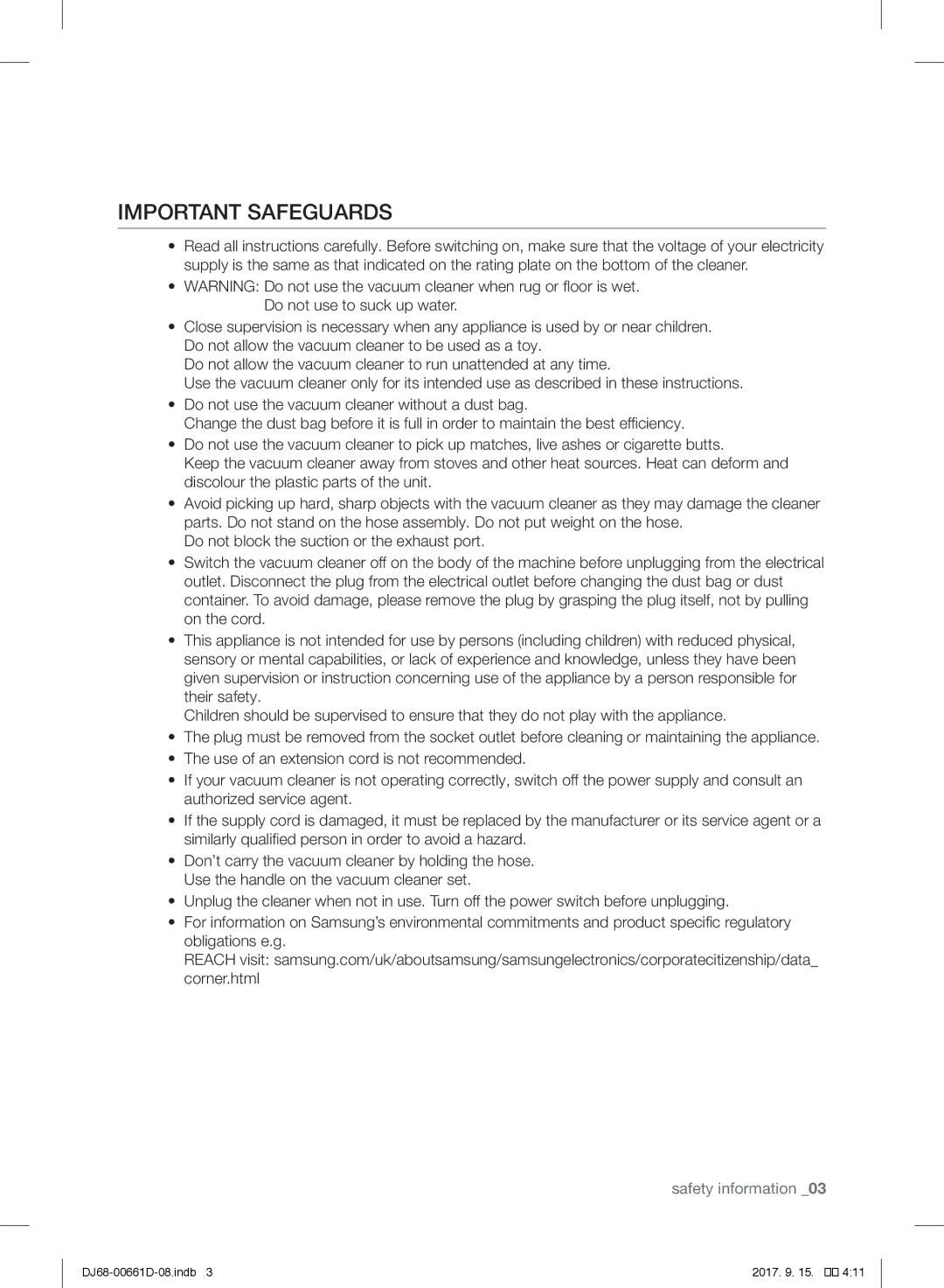 Samsung VC07SVNJGBK/SB manual Important Safeguards 