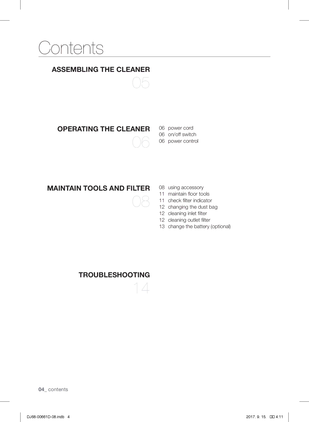 Samsung VC07SVNJGBK/SB manual Contents 