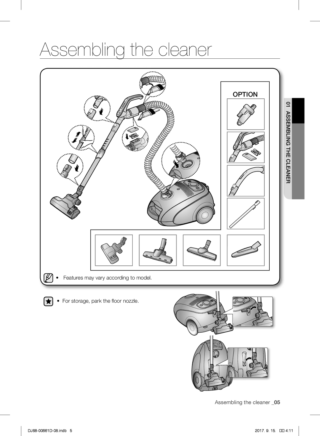 Samsung VC07SVNJGBK/SB manual Assembling the cleaner, Option 