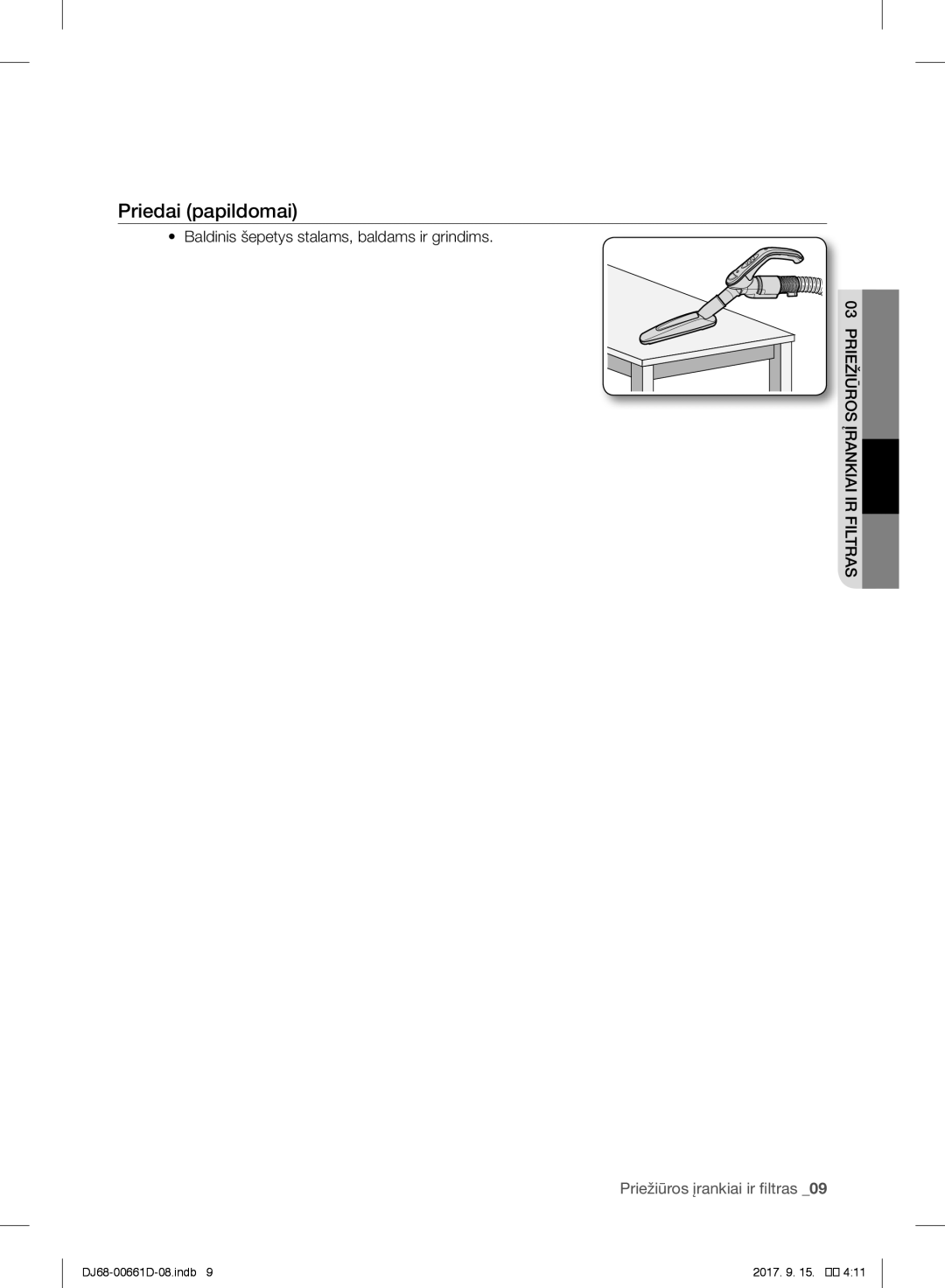 Samsung VC07SVNJGBK/SB manual Priedai papildomai 