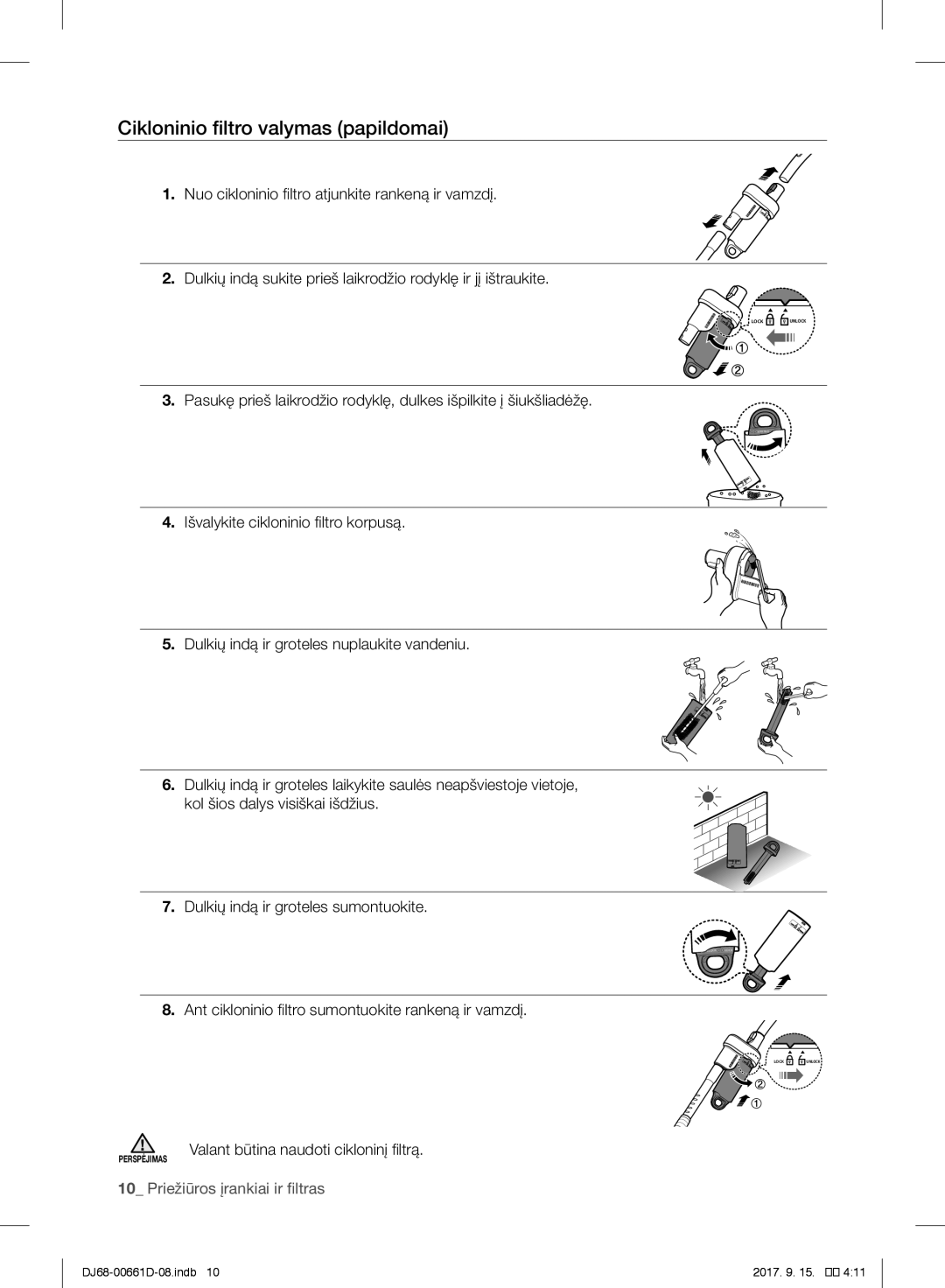 Samsung VC07SVNJGBK/SB manual Cikloninio filtro valymas papildomai 