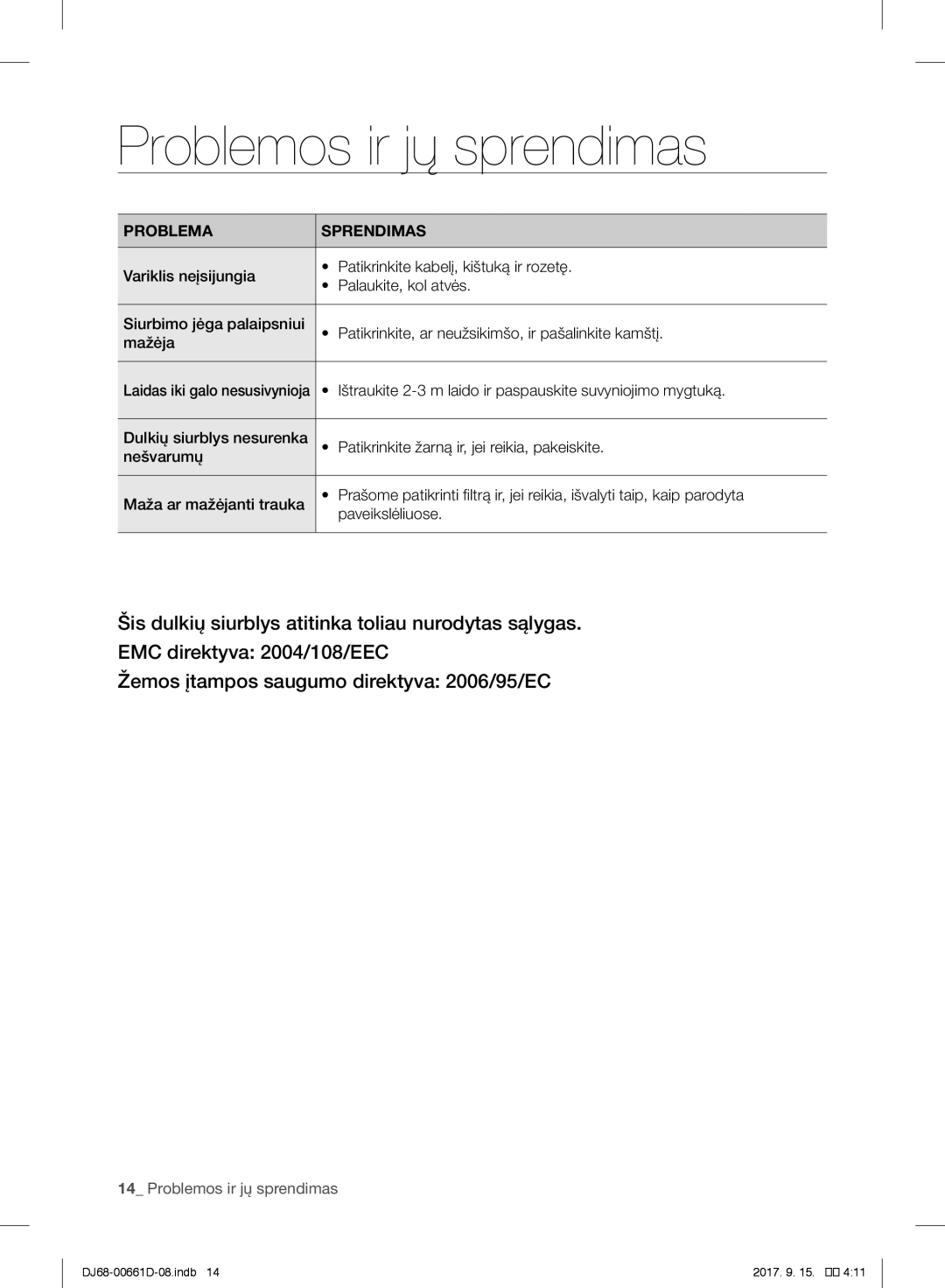 Samsung VC07SVNJGBK/SB manual Problemos ir jų sprendimas, Problema Sprendimas 