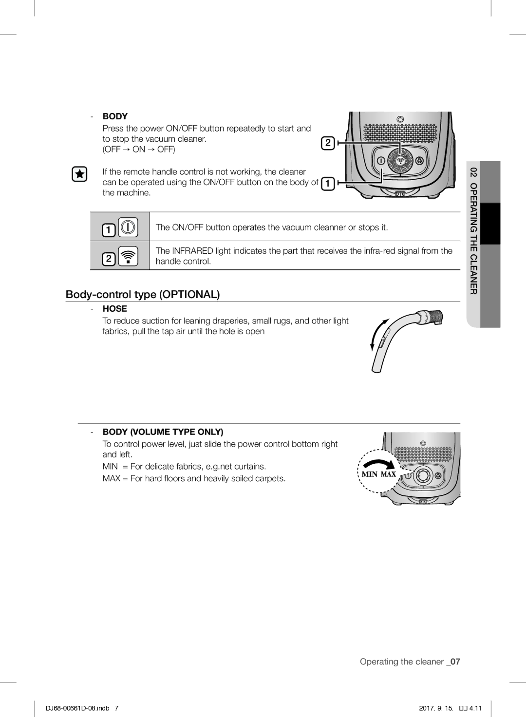 Samsung VC07SVNJGBK/SB manual Body Volume Type only 