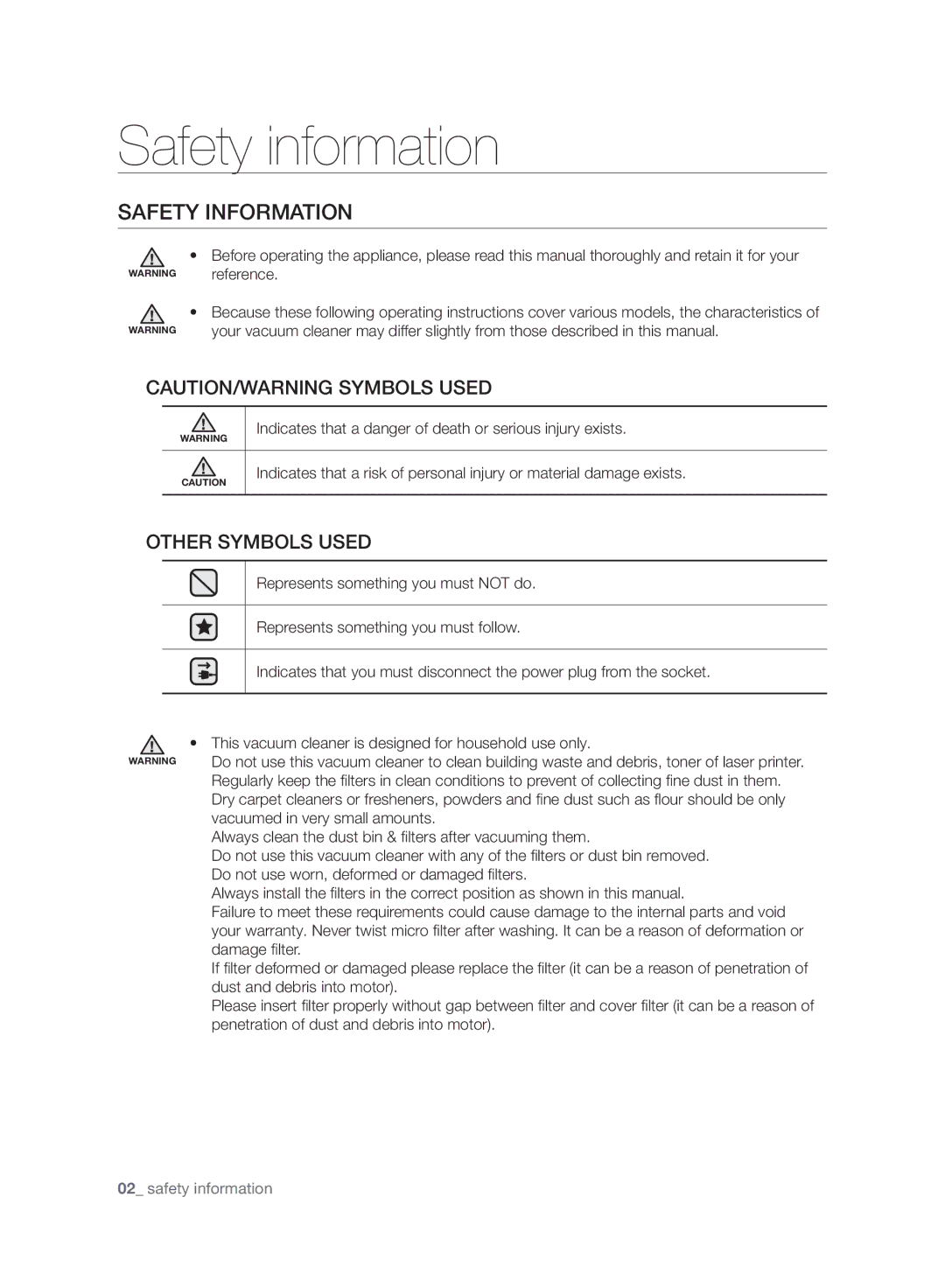 Samsung VC15QHNJGGT/OL, VC07UHNJGBB/OL, VC15RVNJGNC/OL manual Safety information, Safety Information, Other Symbols Used 