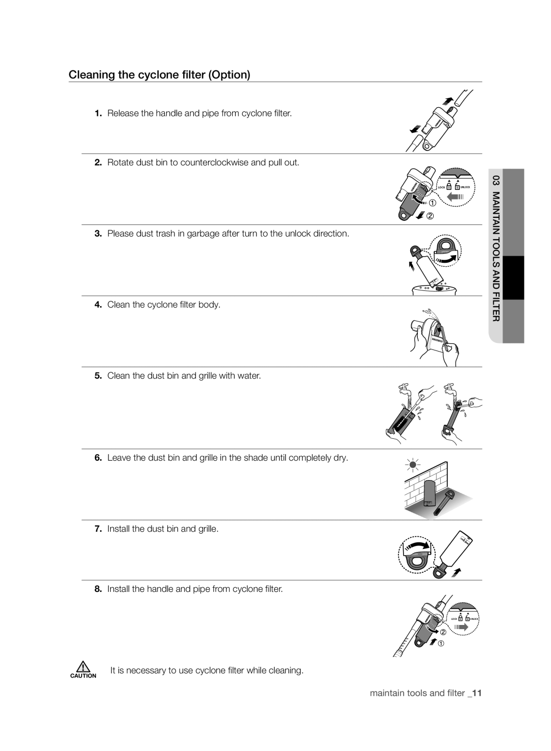 Samsung VC247HNJGNC/EH manual Cleaning the cyclone filter Option, Clean the cyclone filter body, Filterand tools 03maintain 