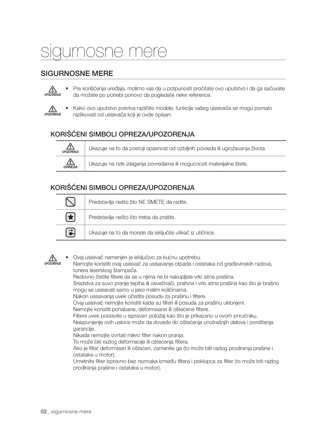 Samsung VC24AVNJGGT/EH, VC07UHNJGBB/OL manual Sigurnosne mere, Sigurnosne Mere, Korišćeni Simboli OPREZA/UPOZORENJA 