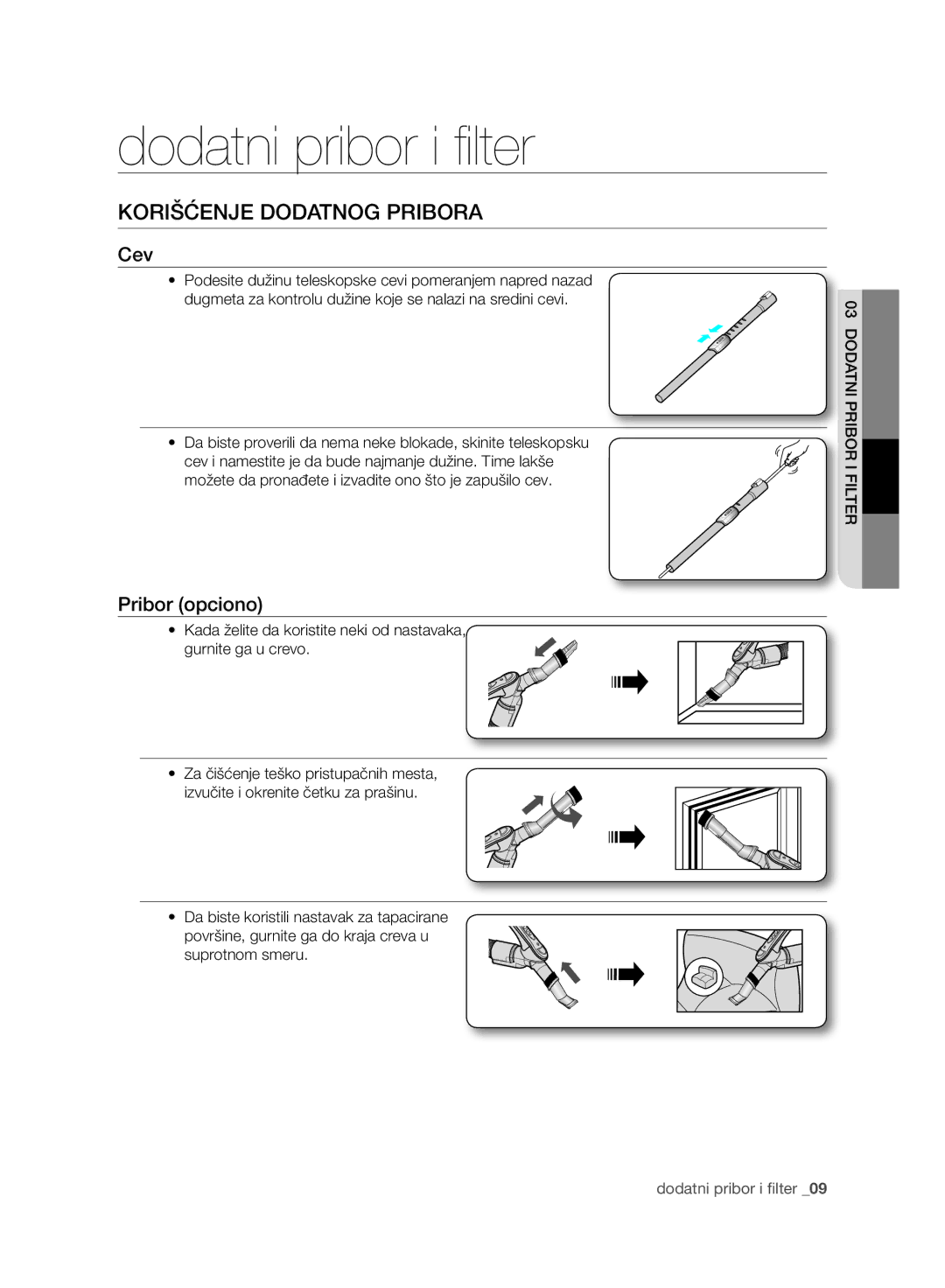 Samsung VC247HNJGNC/EH, VC07UHNJGBB/OL Dodatni pribor i filter, Korišćenje Dodatnog Pribora, Cev, Pribor opciono, Filter 