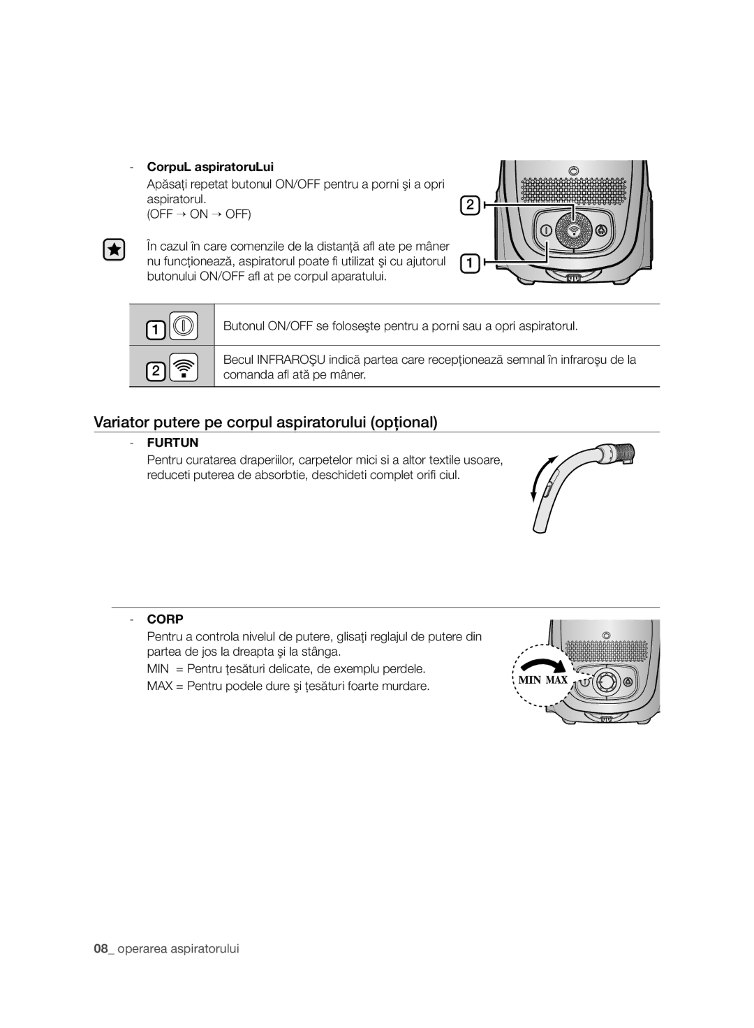 Samsung VC07UHNJGBB/OL, VC15RVNJGNC/OL manual Variator putere pe corpul aspiratorului opţional, CorpuL aspiratoruLui 