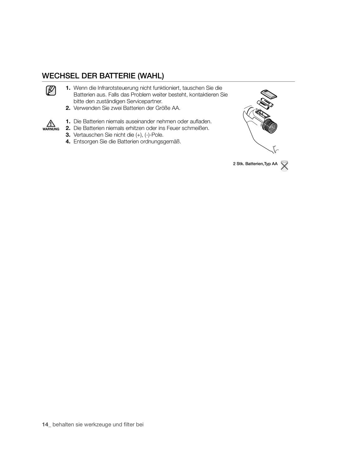 Samsung VC24AVNJGGT/EH, VC08QHNJGBB/EG, VC15RVNJGNC/OL, VC15RVNJGNC/EH, VC24AVNJGGT/SW manual Wechsel DER Batterie Wahl 