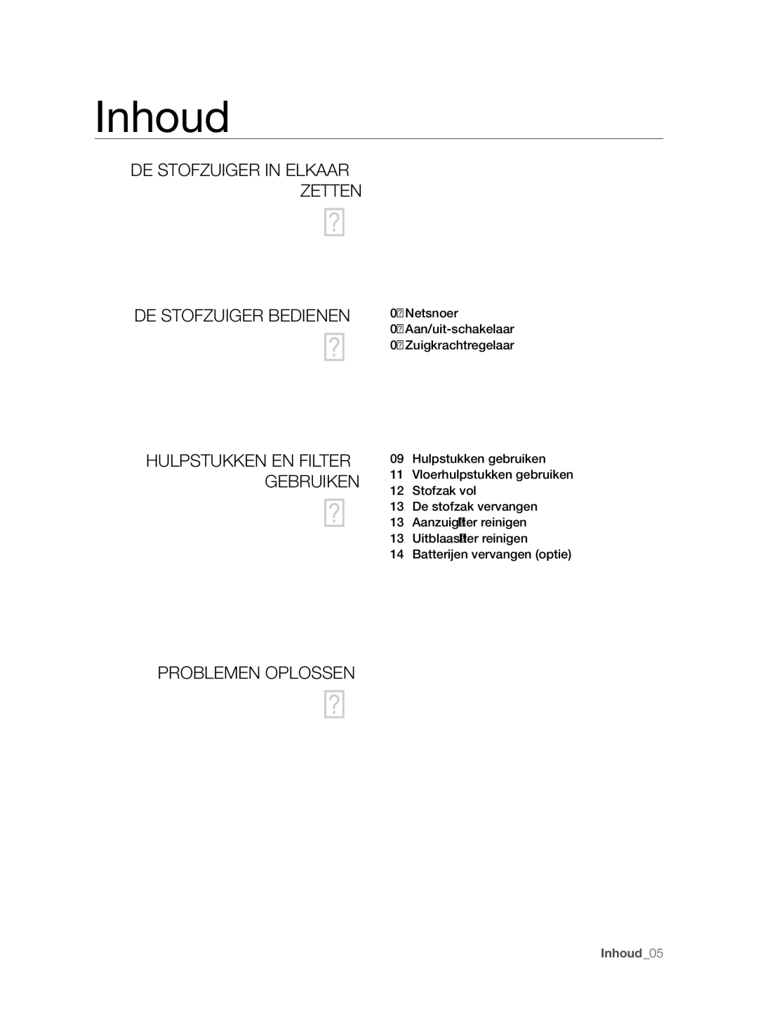 Samsung VC08QHNJGGT/EG, VC08QHNJGBB/EG, VC15RVNJGNC/OL, VC24AVNJGGT/EH, VC15RVNJGNC/EH manual Inhoud, Problemen Oplossen 