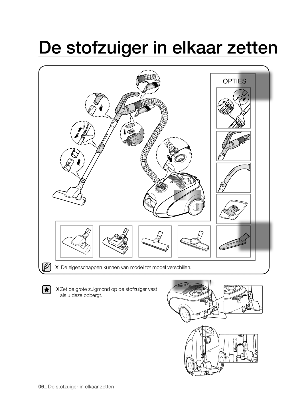Samsung VC08QHNJGBB/EG, VC15RVNJGNC/OL, VC24AVNJGGT/EH, VC15RVNJGNC/EH, VC24AVNJGGT/SW De stofzuiger in elkaar zetten, Opties 