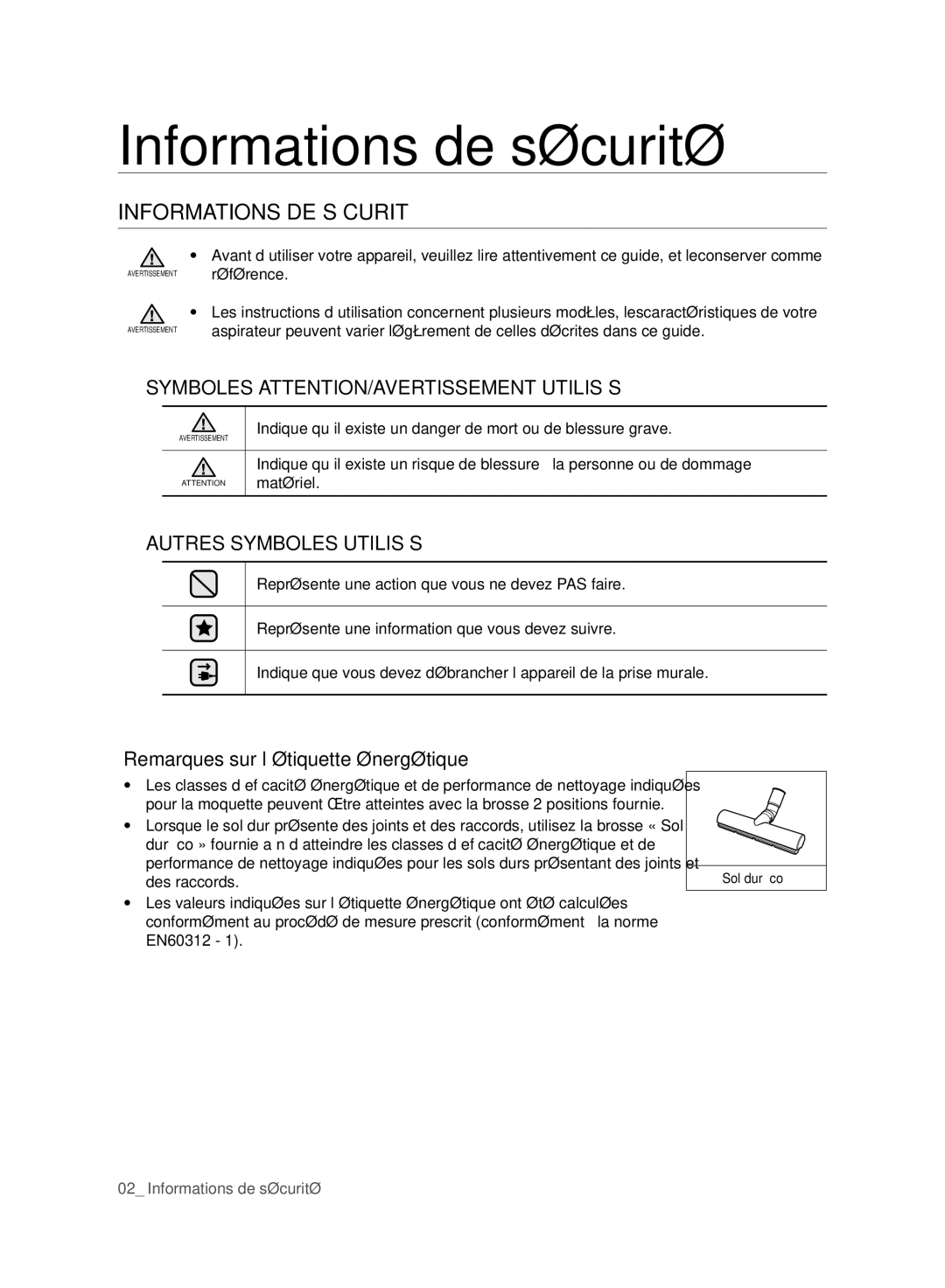 Samsung VC24AVNJGGT/EH manual Informations de sécurité, Informations DE Sécurité, Symboles ATTENTION/AVERTISSEMENT Utilisés 