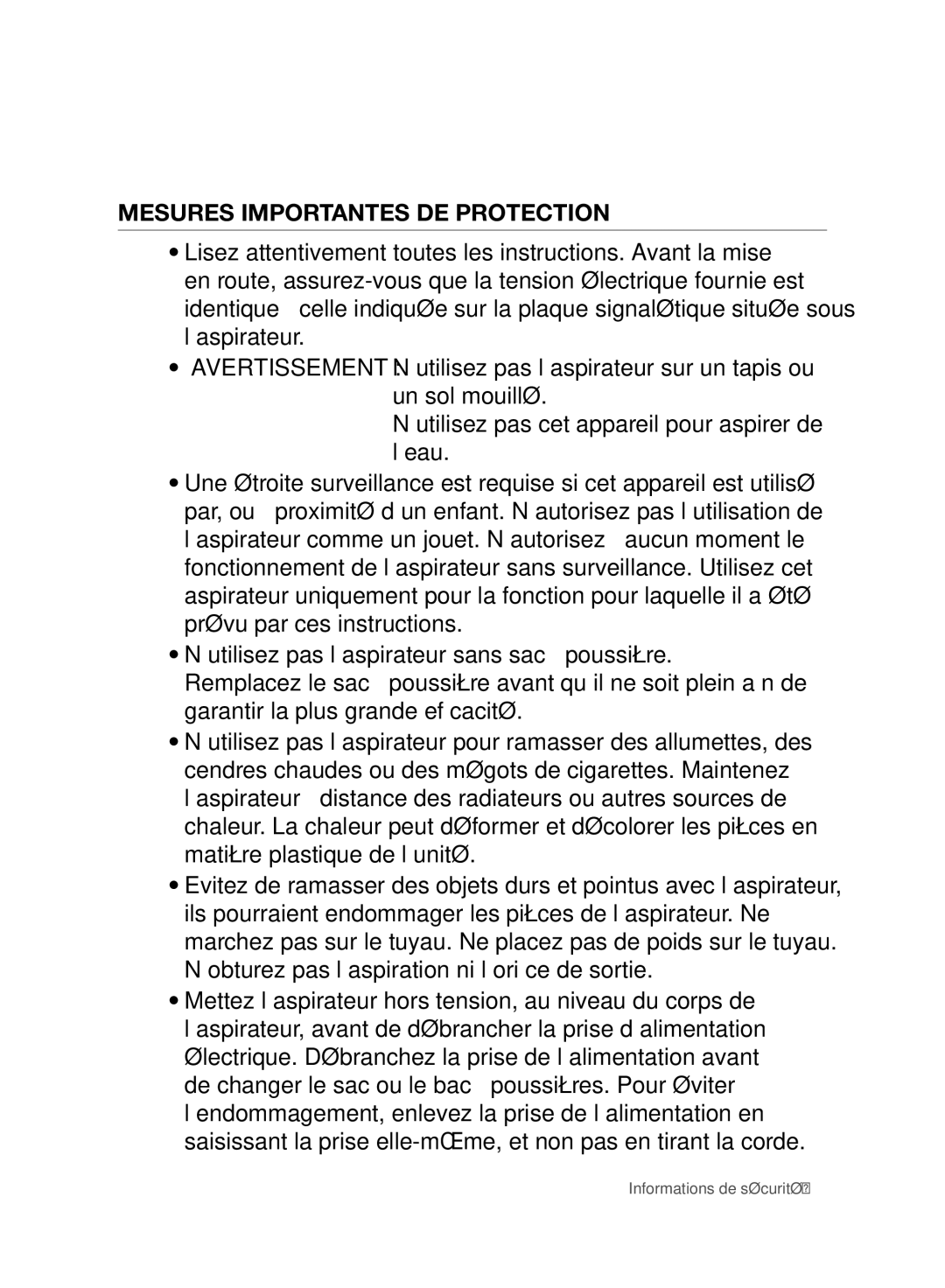 Samsung VC15RVNJGNC/EH, VC08QHNJGBB/EG, VC15RVNJGNC/OL, VC24AVNJGGT/EH, VC24AVNJGGT/SW manual Mesures Importantes DE Protection 